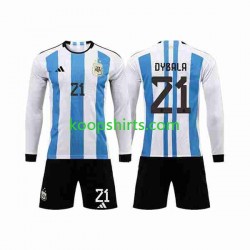 WK 2022 Argentinië Thuis Tenue Kinder Voetbalshirts 3 Stars Paulo Dybala 21 Lange Mouwen