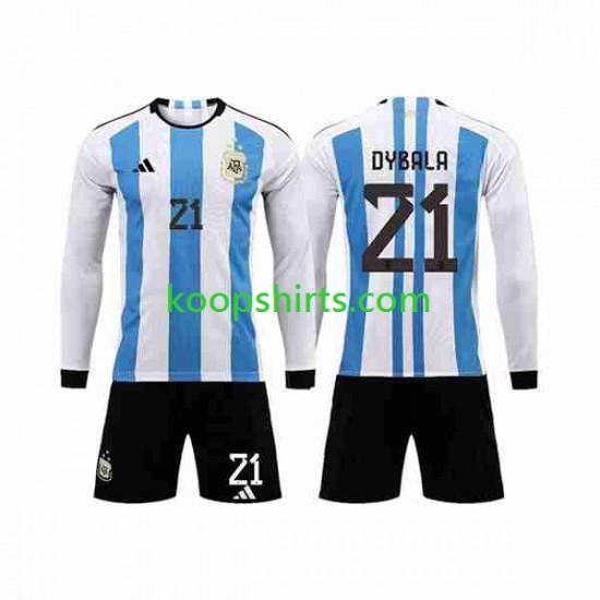 WK 2022 Argentinië Thuis Tenue Kinder Voetbalshirts 3 Stars Paulo Dybala 21 Lange Mouwen WK 2022 Argentinië Thuis Tenue Kinder Voetbalshirts 3 Stars Paulo Dybala 21 Lange Mouwen