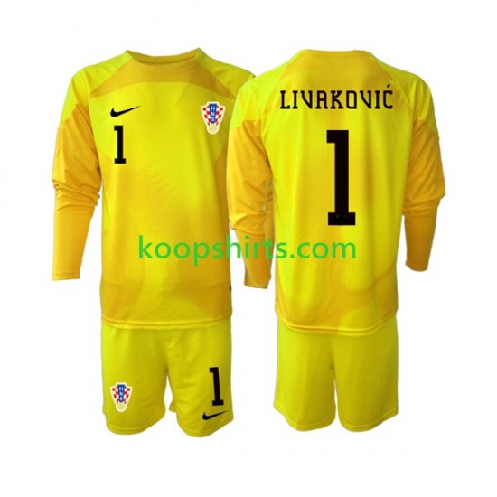 WK 2022 Kroatië Doelman Thuis Tenue Kinder Voetbalshirts Dominik Livakovic 1 Lange Mouwen WK 2022 Kroatië Doelman Thuis Tenue Kinder Voetbalshirts Dominik Livakovic 1 Lange Mouwen