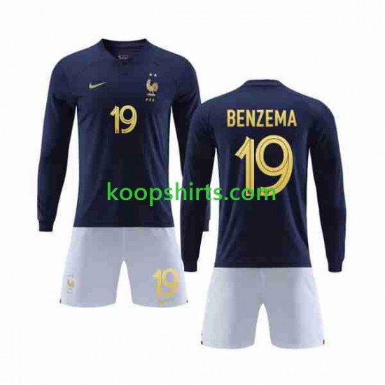 WK 2022 Frankrijk Thuis Tenue Kinder Voetbalshirts Benzema 19 Lange Mouwen WK 2022 Frankrijk Thuis Tenue Kinder Voetbalshirts Benzema 19 Lange Mouwen