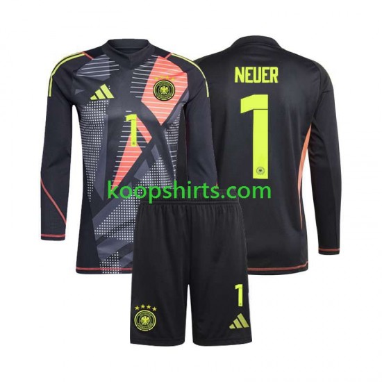 EK 2024 Duitsland Doelman Thuis Zwart Tenue Kinder Voetbalshirts Manuel Neuer 1 Lange Mouwen EK 2024 Duitsland Doelman Thuis Zwart Tenue Kinder Voetbalshirts Manuel Neuer 1 Lange Mouwen