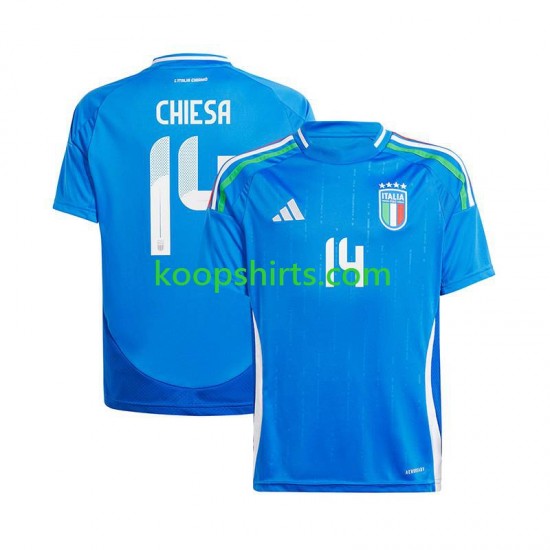 EK 2024 Italië Thuis Blauw Tenue Heren Voetbalshirts Chiesa 14 Korte Mouwen EK 2024 Italië Thuis Blauw Tenue Heren Voetbalshirts Chiesa 14 Korte Mouwen