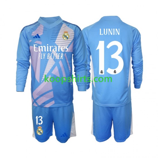 Real Madrid Doelman Thuis Tenue Kinder Voetbalshirts Andriy Lunin 13 2024-2025 Lange Mouwen Real Madrid Doelman Thuis Tenue Kinder Voetbalshirts Andriy Lunin 13 2024-2025 Lange Mouwen