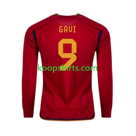 WK 2022 Spanje Thuis Tenue Heren Voetbalshirts Gavi 9 Lange Mouwen WK 2022 Spanje Thuis Tenue Heren Voetbalshirts Gavi 9 Lange Mouwen
